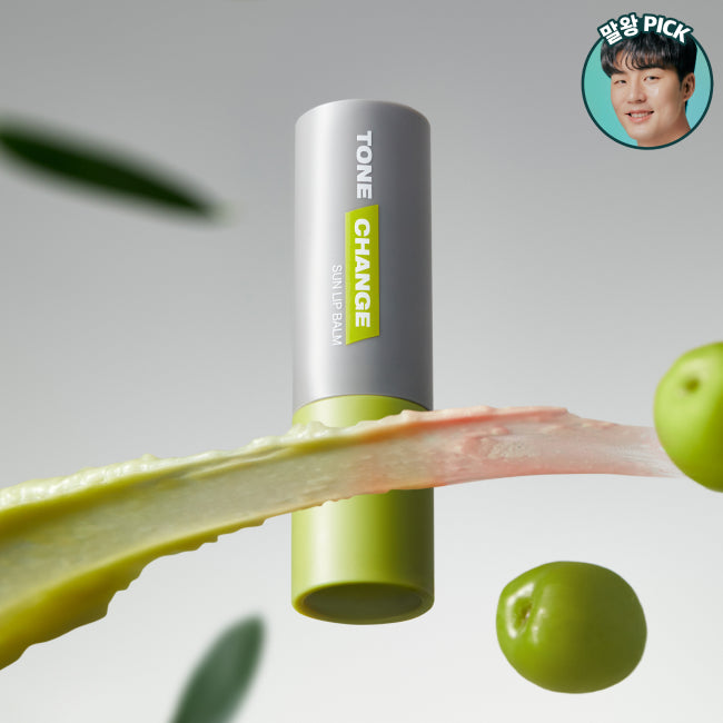 DR.G For Men Tone Change Sun Lip Balm displayed with green apple and aloe, Gentleman Korea men’s skincare product