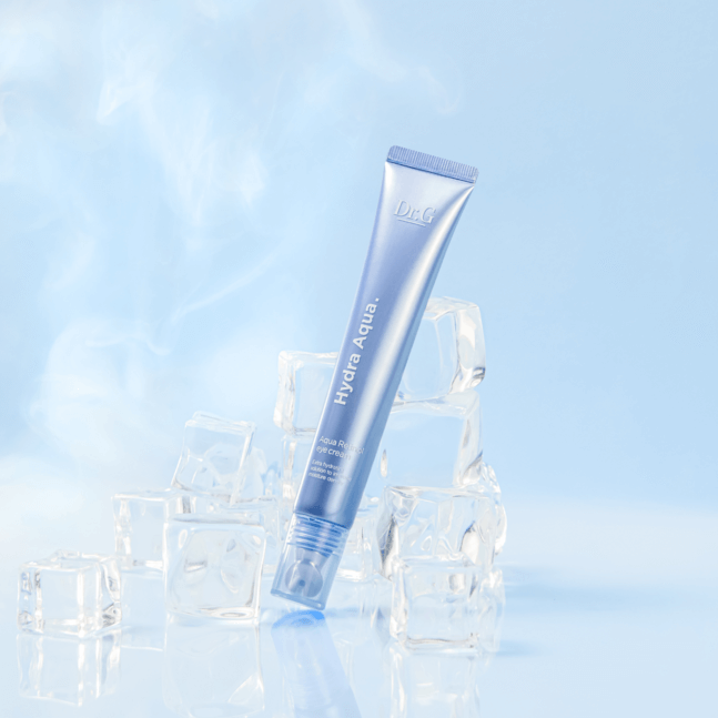 DR.G Hydra Aqua retinol Eye Cream tube on ice cubes with blue background