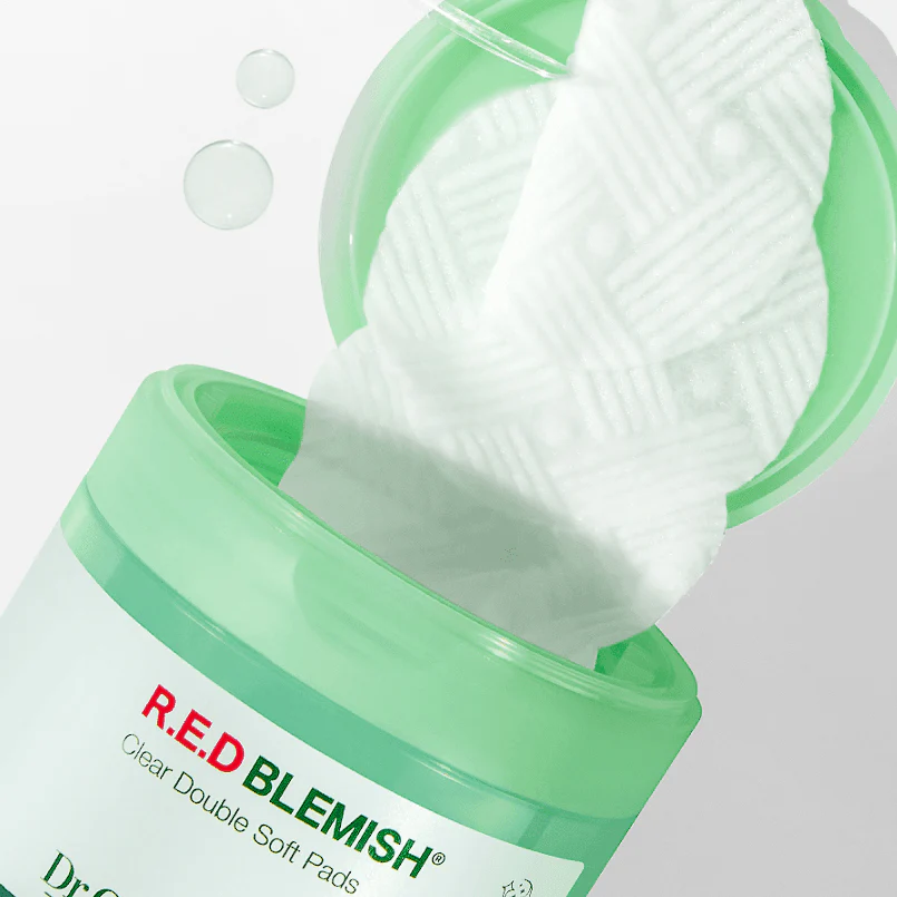 DR.G Red Blemish Clear Double Soft Pads 60 Sheets in green container with open lid and texture detail