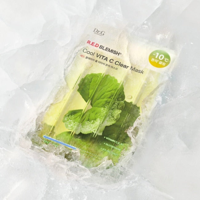 DR.G Red Blemish Cool Vita C Trace Mask 10 Sheets packaged in ice showcasing freshness and skincare benefits.