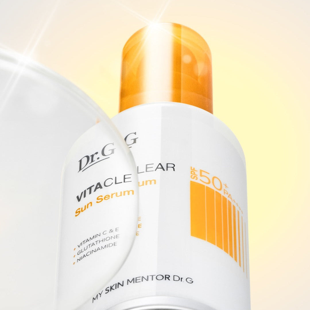 DR.G Vita Clear Sun Serum 50ml with SPF 50, displayed against a glowing background, highlighting its protective skincare benefits.