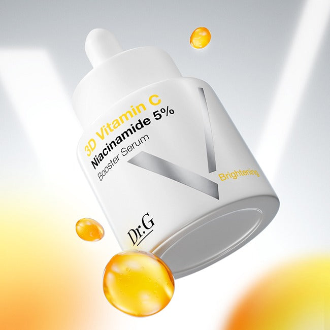 DR.G Vitamin C Booster Brightening Serum 30ml bottle with bright droplets and sleek white packaging design