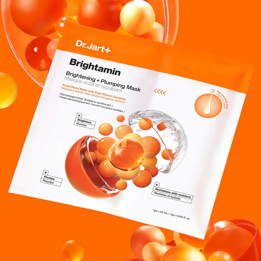 DR.JART+ Brightamine Brightening Plumping Mask 5 sheets packaging with orange spheres on an orange background.