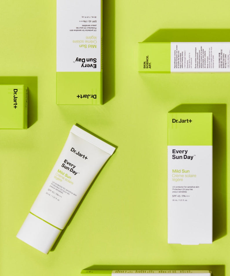 DR.JART+ Every Sun Day Mild Sun 30ml sunscreen tube and packaging over green background