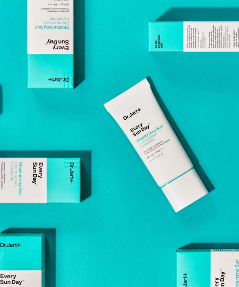 DR.JART+ Every Sun Day Moisturizing Sun 30ml product packaging on turquoise background