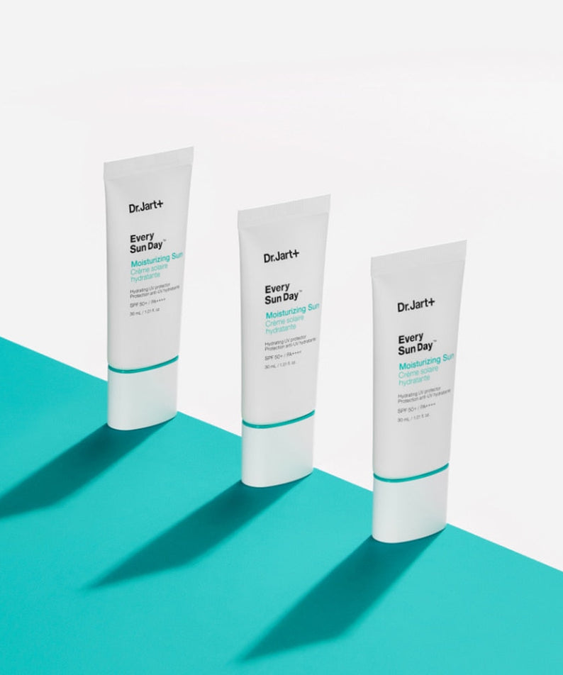 DR.JART+ Every Sun Day Moisturizing Sun 30ml tubes on a turquoise background