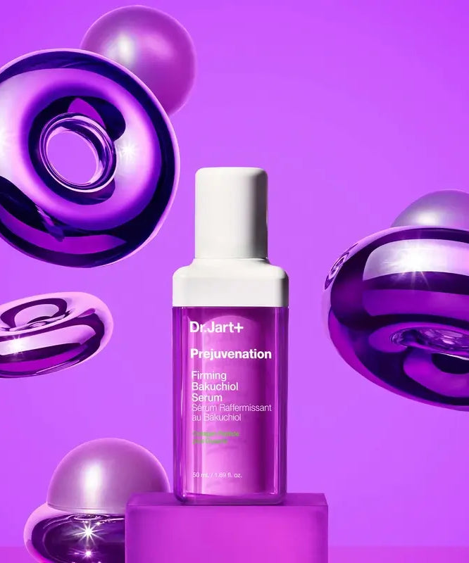 DR.JART+ Prejuvenation Firming Bakuchiol Serum 50ml amidst purple abstract art on a violet background