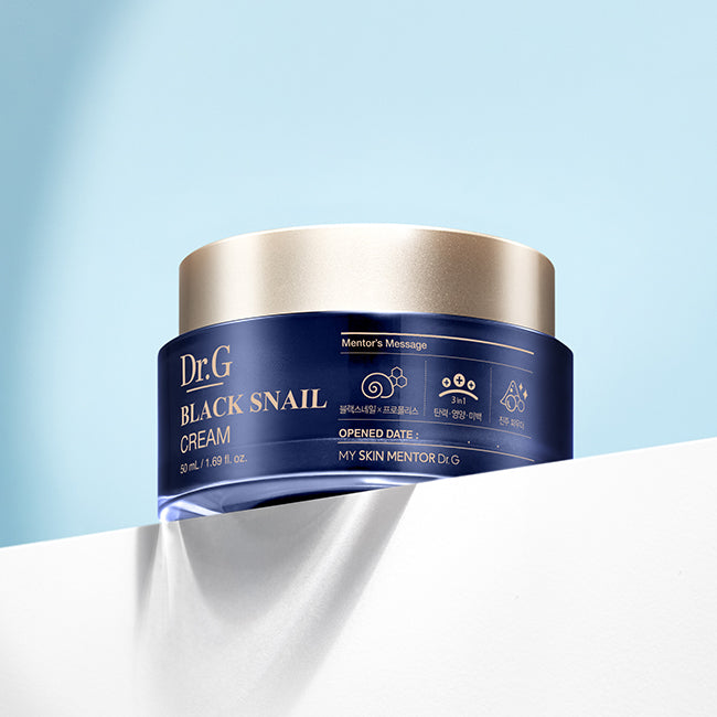 Dr.G Black Snail Cream 50ml jar against a light blue background