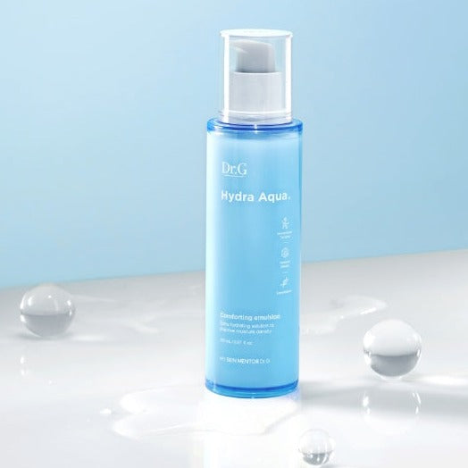 Dr.G Hydra Aqua Comforting Emulsion 150ml bottle on a white surface with water droplets, ideal for hydrating sensitive skin.