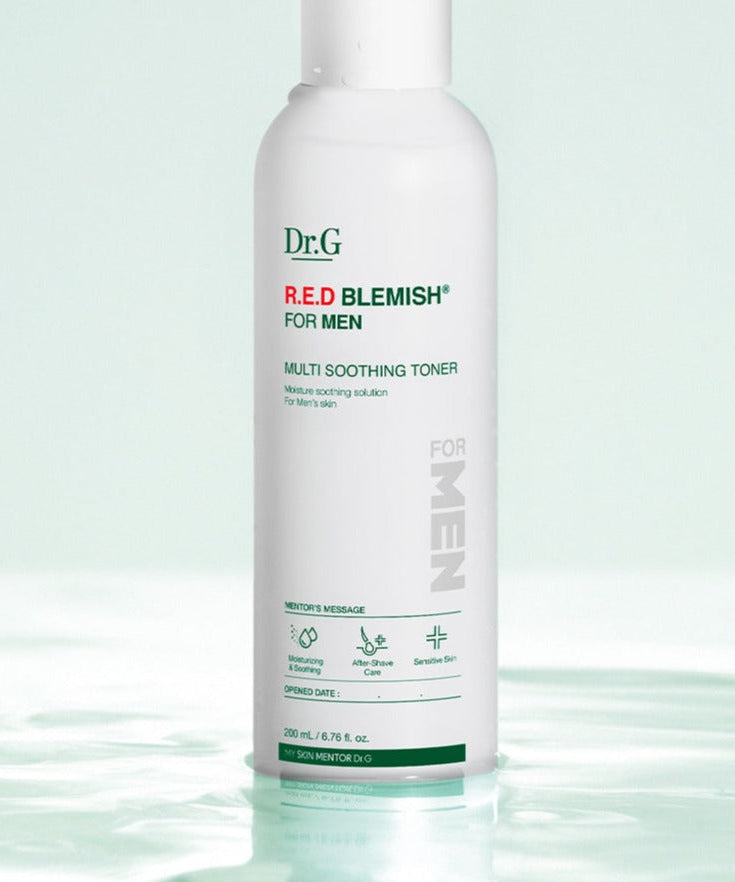 Dr.G Red Blemish For Men Multi Soothing Toner 200ml bottle on water surface, Gentleman Korea Korean skincare for men, calming hydrating toner