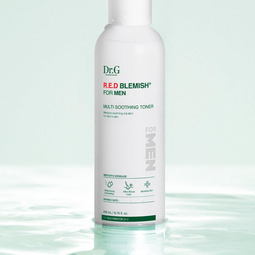Dr.G Red Blemish For Men Multi Soothing Toner 200ml bottle on water surface, Gentleman Korea Korean skincare for men, calming hydrating toner