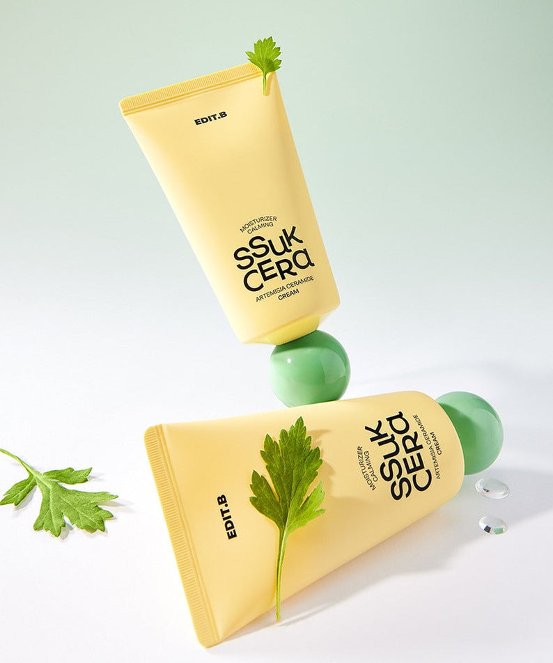 EDIT.B Moisturizing Soothing Mugwort Ceramide Cream 100ml tube with greenery displayed against a pastel background.