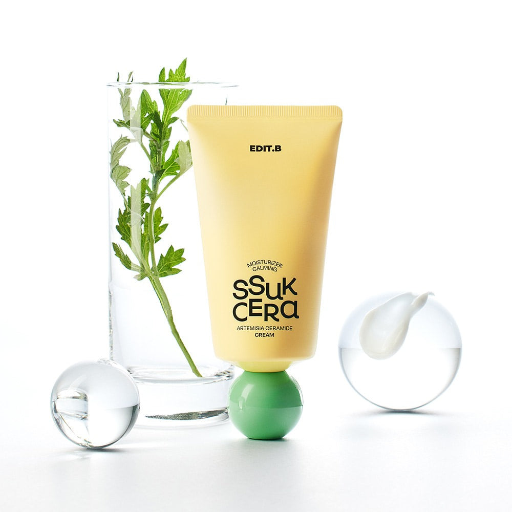EDIT.B Moisturizing Soothing Mugwort Ceramide Cream 100ml with herbal ingredients displayed in elegant packaging.