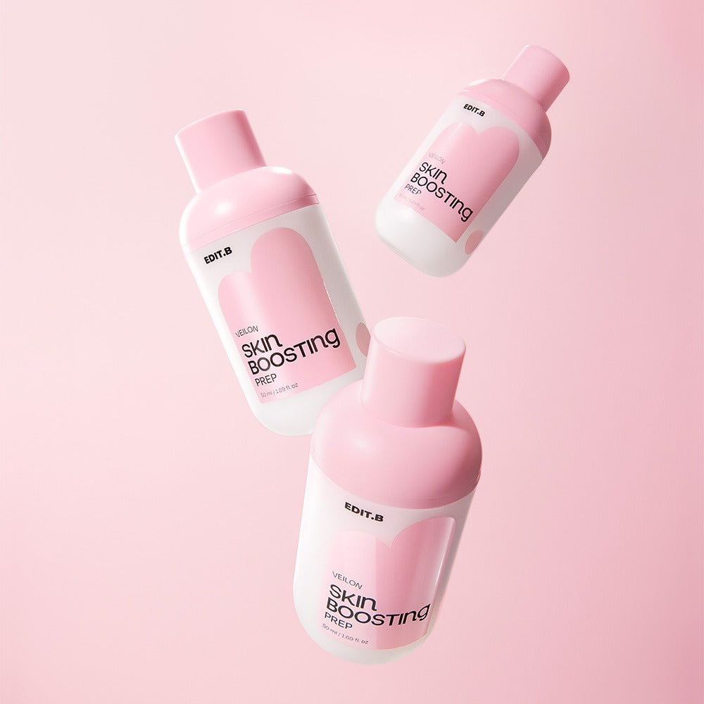 Three bottles of EDIT.B Veil On Skin Boosthing Prep 50ml against a pink background, showcasing the skincare product's packaging.