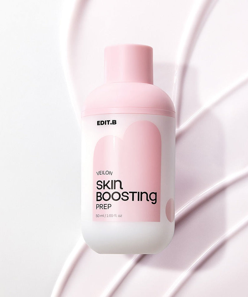 EDIT.B Veil On Skin Boosthing Prep 50ml bottle with pink and white design on styled background