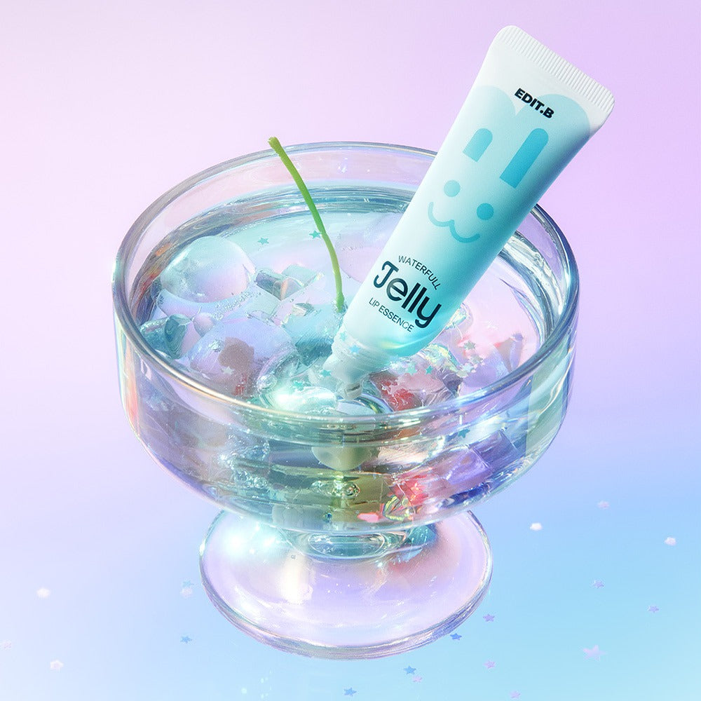 EDIT.B Waterful Jelly Lip Essence 11ml in a glass with colorful jelly cubes and soft pastel background.