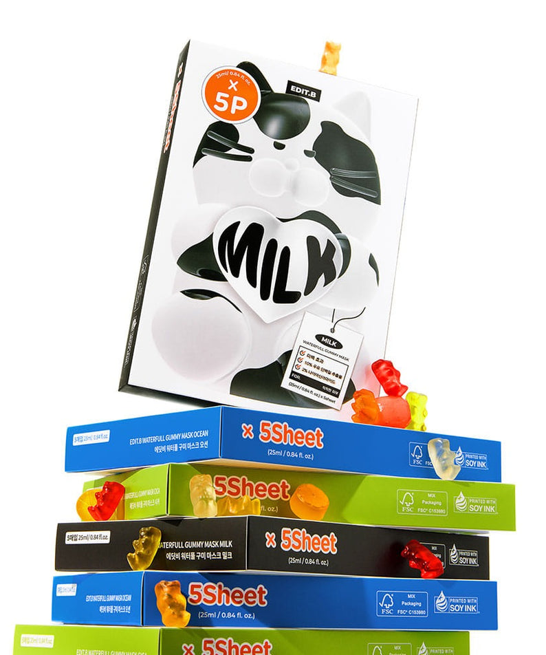 Stack of colorful 5Sheet packages topped with EDIT.B Waterfull Gumi Mask Milk box and gummy bears.