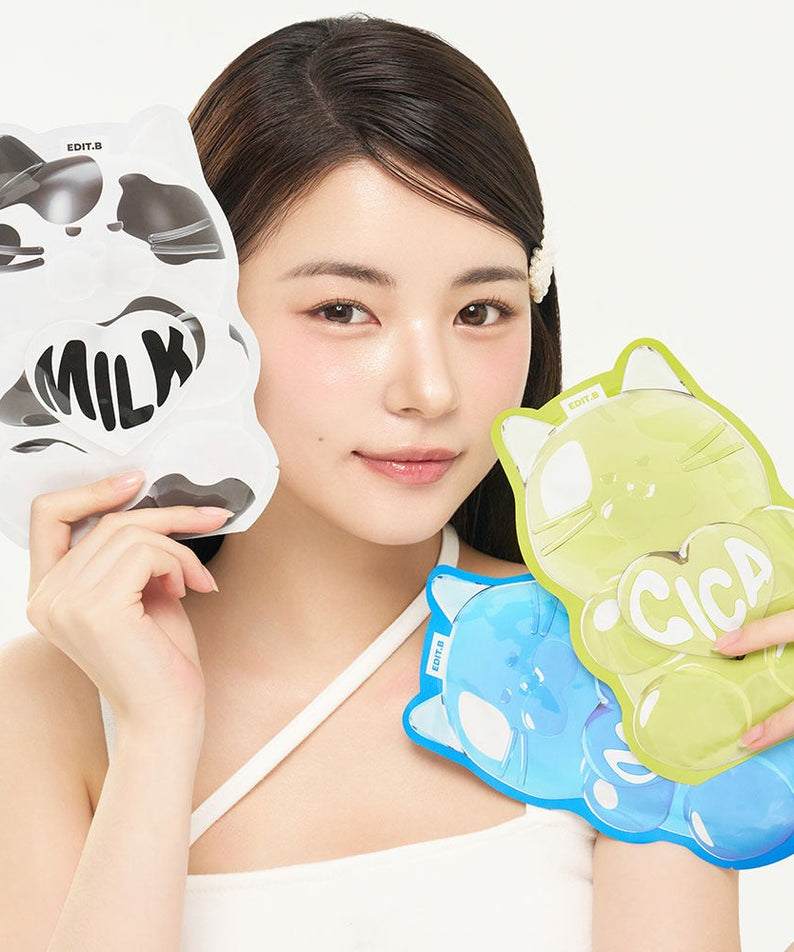 Woman holding EDIT.B Waterfull Gumi Mask Ocean product featuring various playful designs.