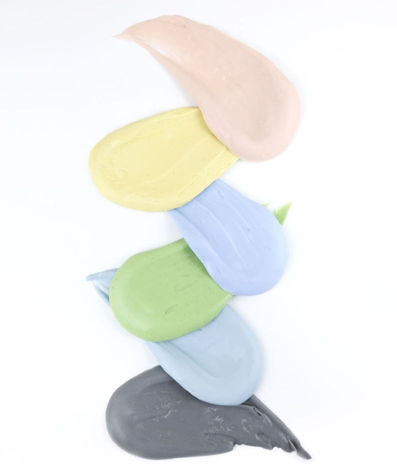 Color swatches of ELIZAVECCA Modeling Pack Face Mask 6 Types in pastel and gray shades.