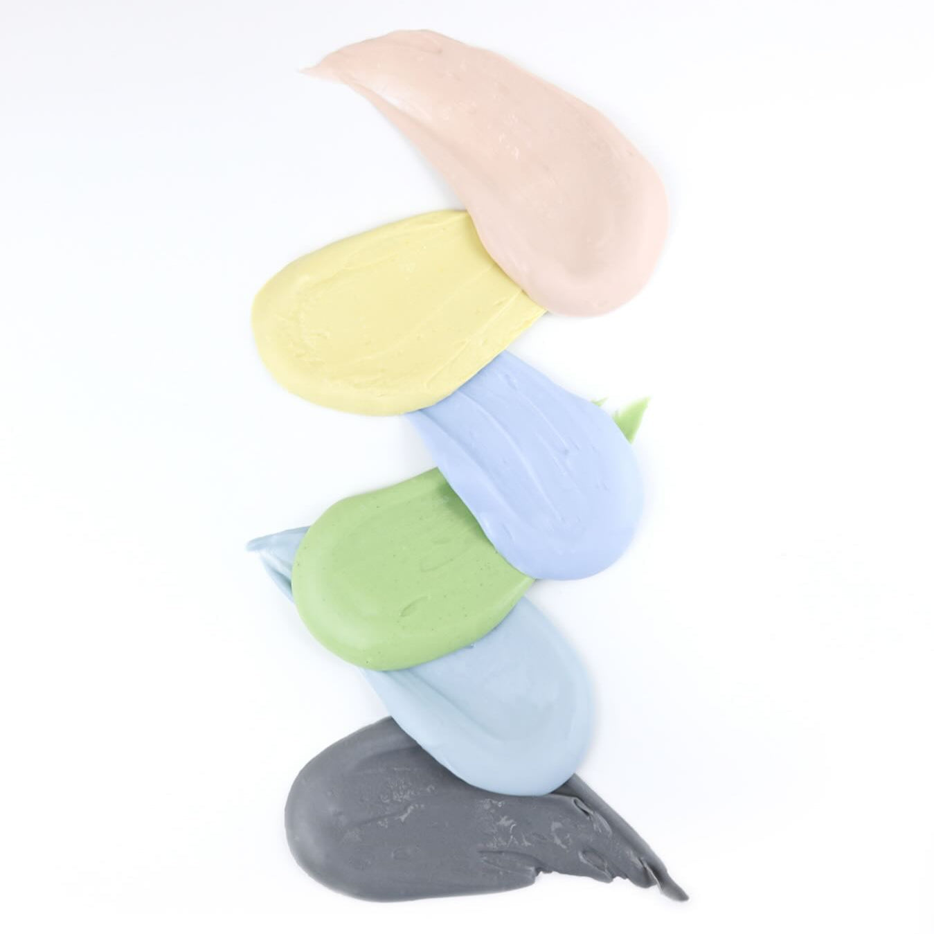 Color swatches of ELIZAVECCA Modeling Pack Face Mask 6 Types in pastel and gray shades.