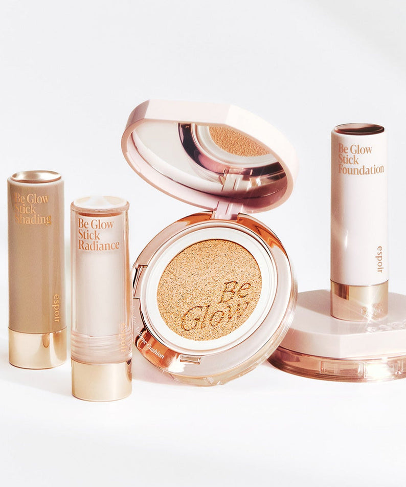 ESPOIR BE GLOW VOLUME CUSHION SPF42 PA+++ with Be Glow Stick Foundation products in a stylish arrangement.
