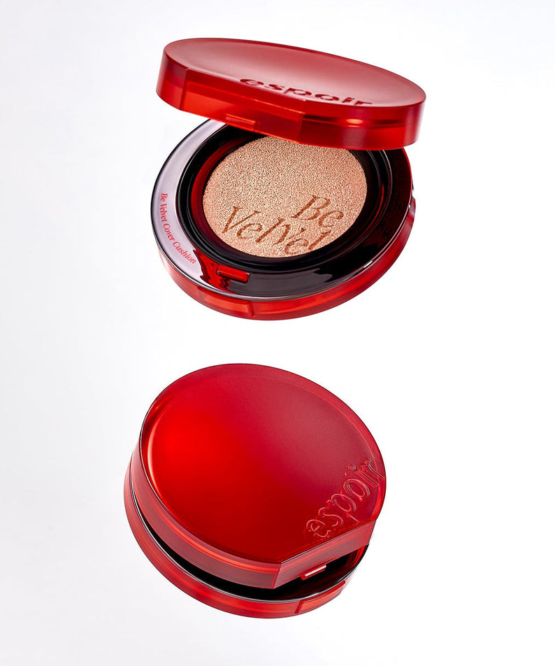 Open and closed views of ESPOIR BE VELVET COVER CUSHION SPF42 PA++, red compact design showing the cushion foundation.