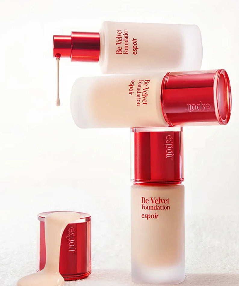 ESPOIR BE VELVET FOUNDATION SPF22 PA++ bottles stacked with luxurious creamy texture.