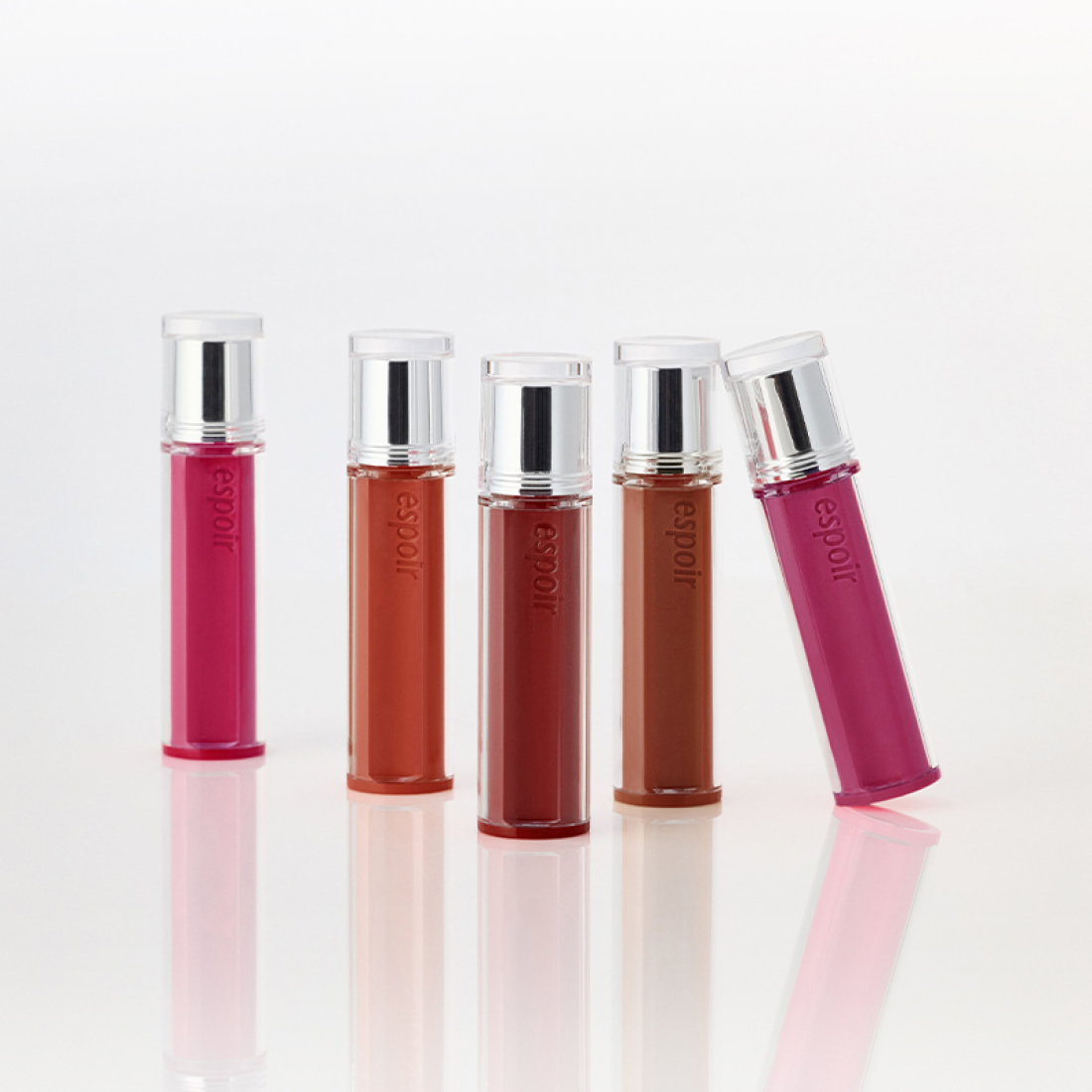 ESPOIR Couture Lip Tint Glaze [NEW COLOR] collection showcasing five vibrant shades in sleek bottles.