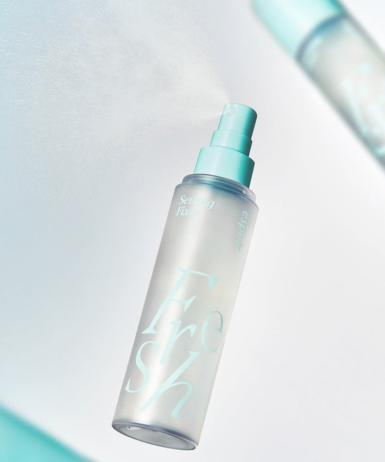 ESPOIR Fresh Setting Fixer 100ml in elegant packaging, showcasing fine mist for a long-lasting makeup finish.