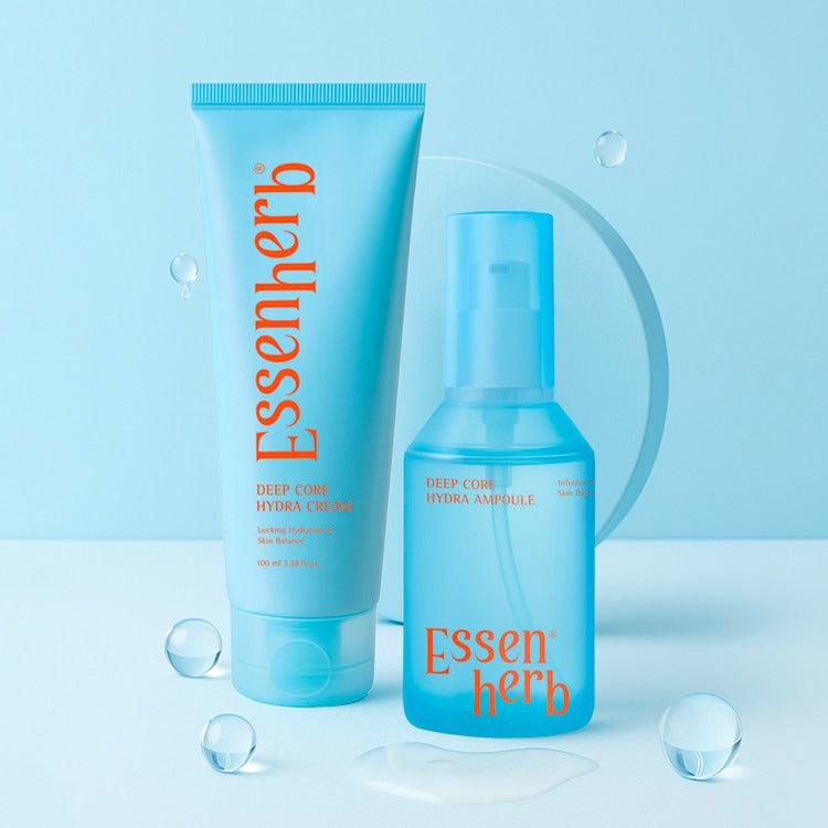 ESSENHERB Deep Core Hydra Ampoule 120ml skincare product image with blue packaging and hydration theme.