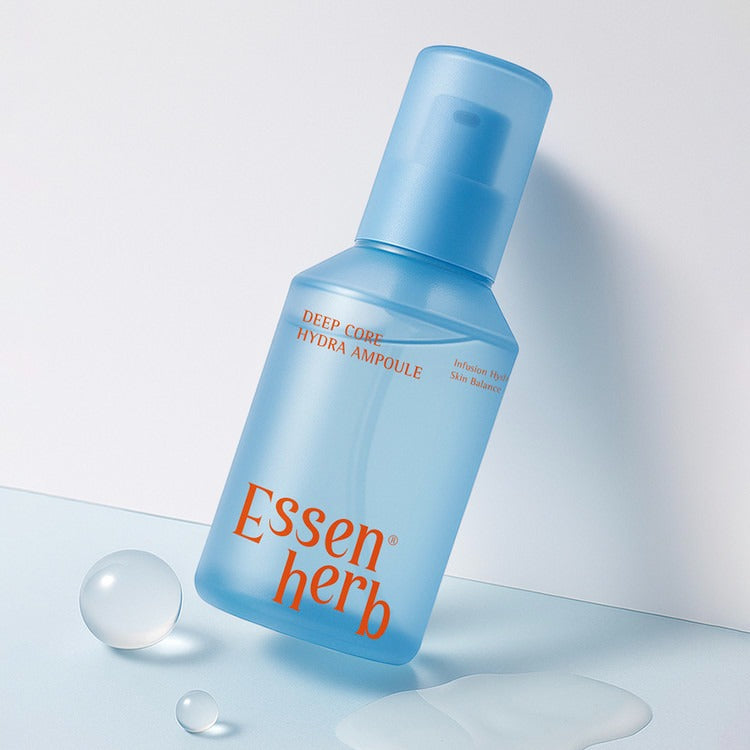 ESSENHERB Deep Core Hydra Ampoule 120ml bottle on a light background with water droplets, showcasing skincare product design and packaging.