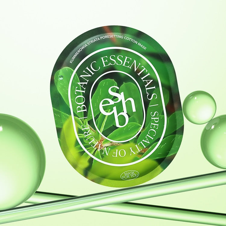 ESSENHERB Kummerowia Poresetting Cotton Mask 5EA packaging with green design and botanical elements