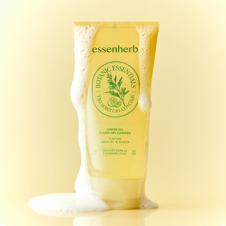 ESSENHERB Lemon Dill Glazed Gel Cleanser 150ml with soap suds on a yellow background