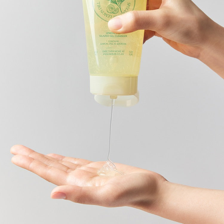 ESSENHERB Lemon Dill Glazed Gel Cleanser 150ml being poured into hand