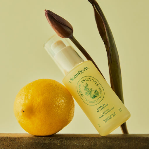 ESSENHERB Lemon Dill Milk Ampoule 50ml displayed with lemon and botanical elements