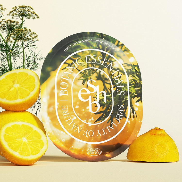 ESSENHERB Lemon Dill Radiant Glow Cotton Mask 5EA packaging with lemons and dill in a vibrant setting