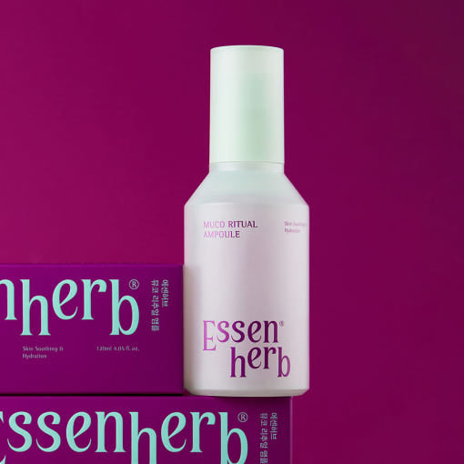 ESSENHERB Mucoritual Ampoule 120ml product bottle with box on purple background