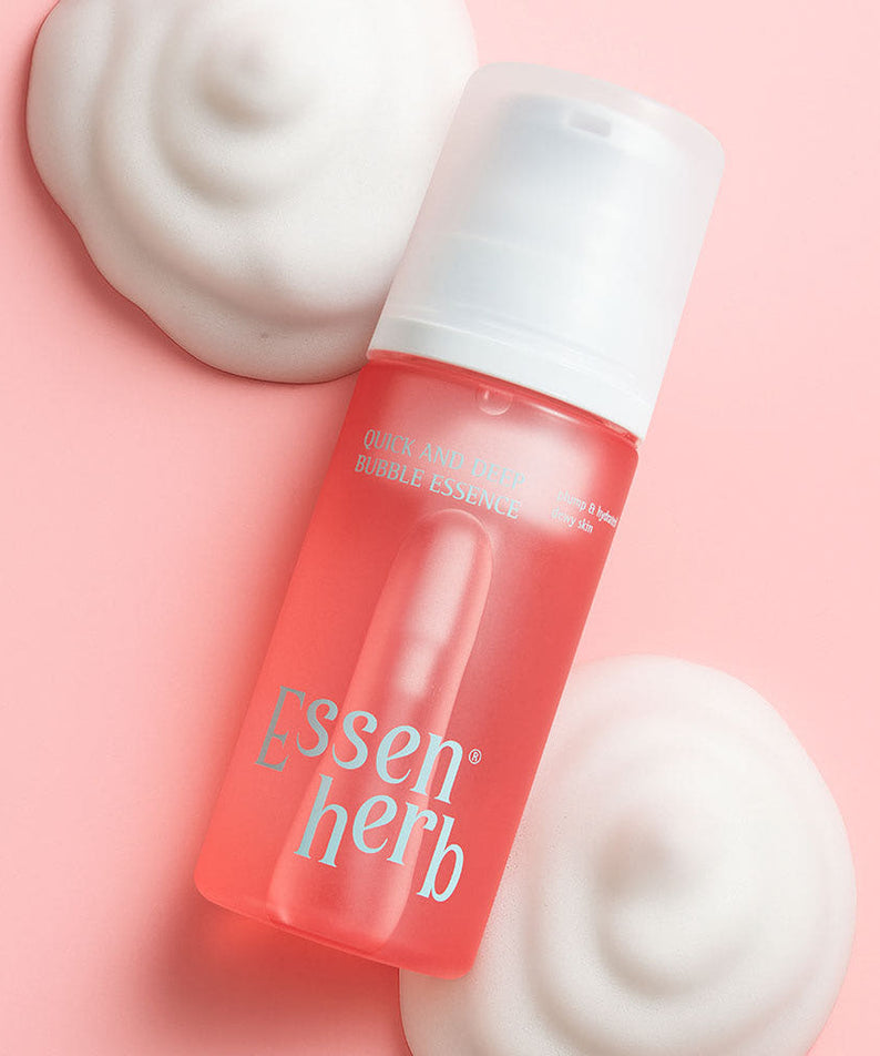 ESSENHERB Quick & Deep Bubble Essence 97ml bottle on pink background with bubbles.