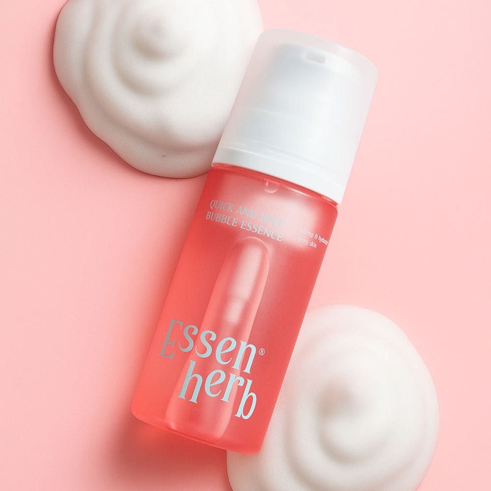 ESSENHERB Quick & Deep Bubble Essence 97ml bottle on pink background with bubbles.