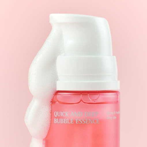 ESSENHERB Quick & Deep Bubble Essence 97ml - Skincare product with foamy texture in pink bottle