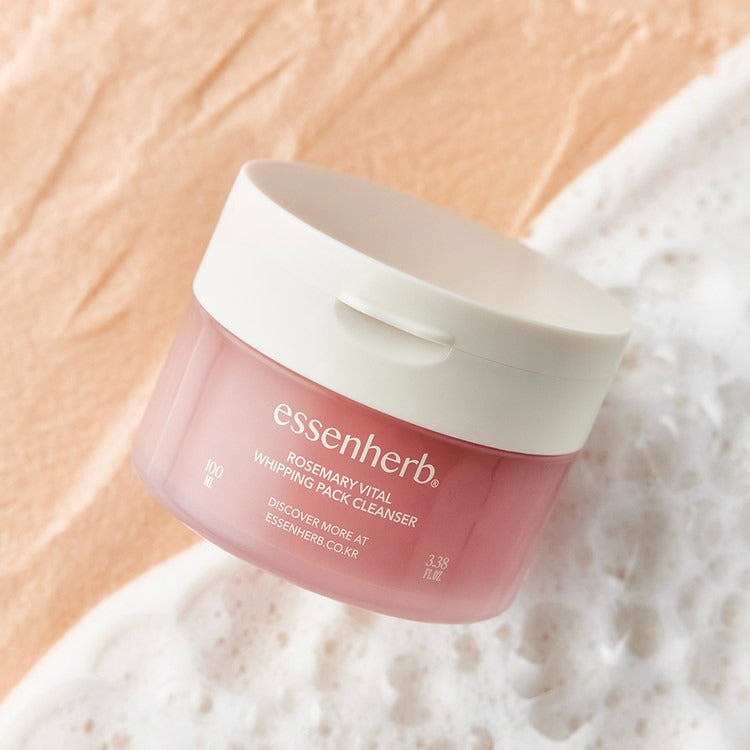 ESSENHERB Rosemarry Vital Whipping Pack Cleanser 100ml on foamy background