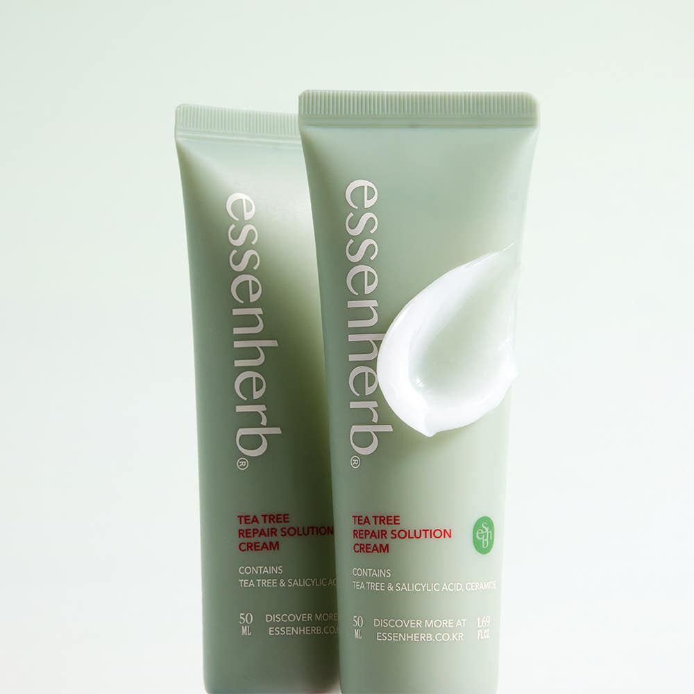 ESSENHERB Tea Tree Repair Solution Cream 50ml tubes with lotion swatch on packaging