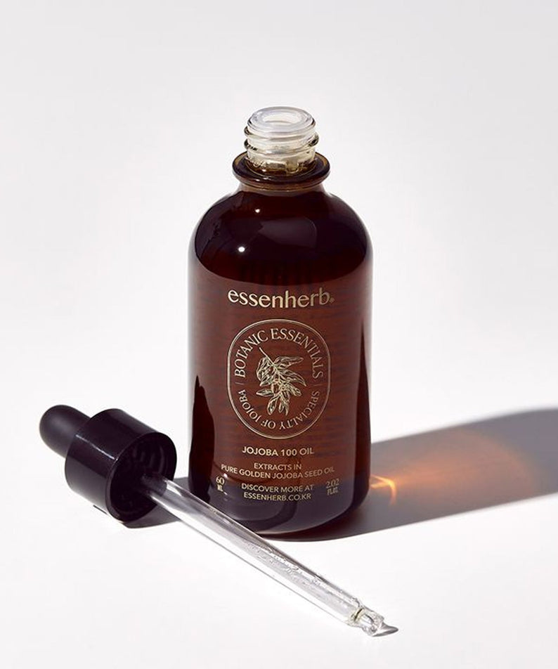 ESSENHERB Vegan Jojoba 100% Oil Unrefined Cold-Pressed 60ml bottle with dropper