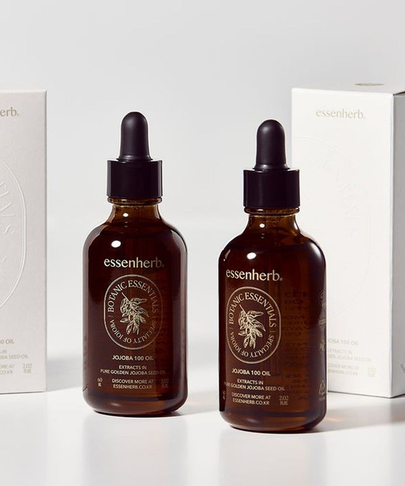 ESSENHERB Vegan Jojoba 100% Oil Unrefined Cold-Pressed 60ml bottles with packaging