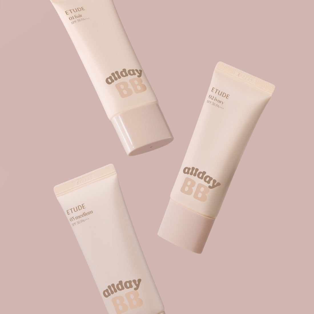 ETUDE All Day Clear BB Cream SPF36/PA+++ 35ml tubes displayed on a pink background.