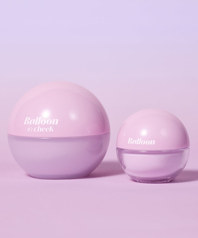 ETUDE Balloon in cheek 6g blush product in pink spherical containers on a purple background