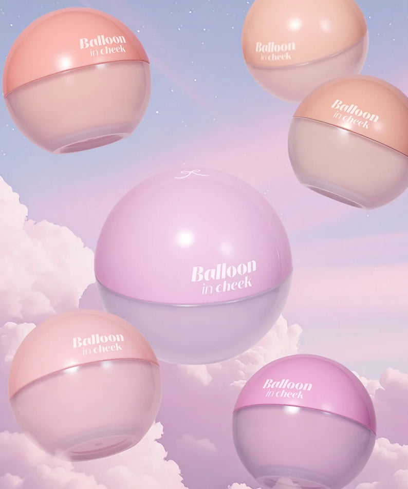 Colorful ETUDE Balloon in cheek 6g face powders displayed against a dreamy sky background.