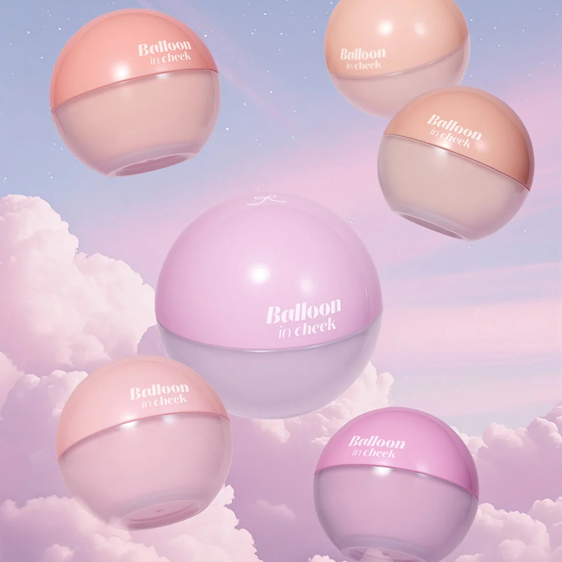 Colorful ETUDE Balloon in cheek 6g face powders displayed against a dreamy sky background.
