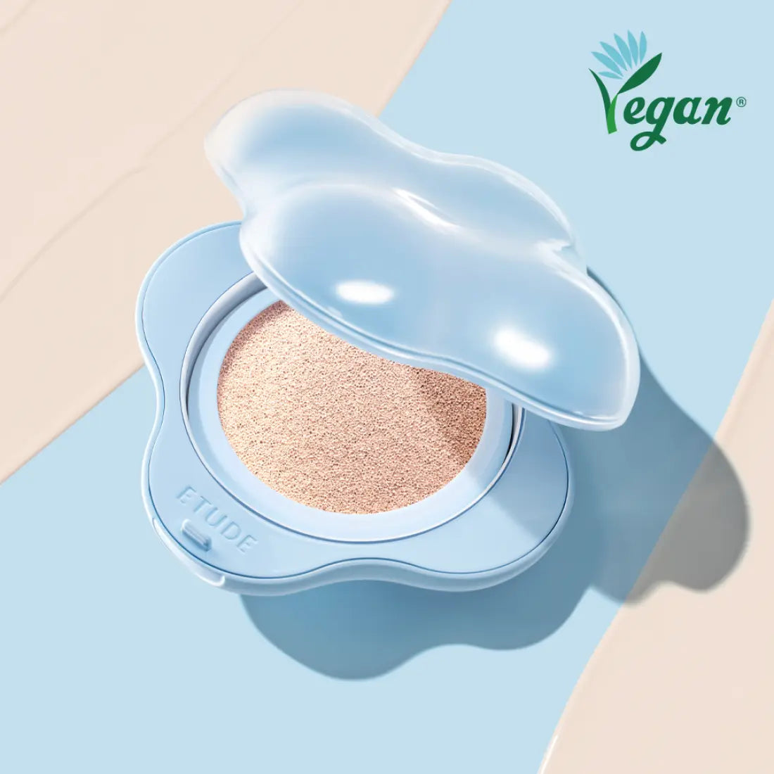 ETUDE Cloud Filter Cushion SPF42/PA+++ 15g in cloud-shaped blue case with vegan certification.