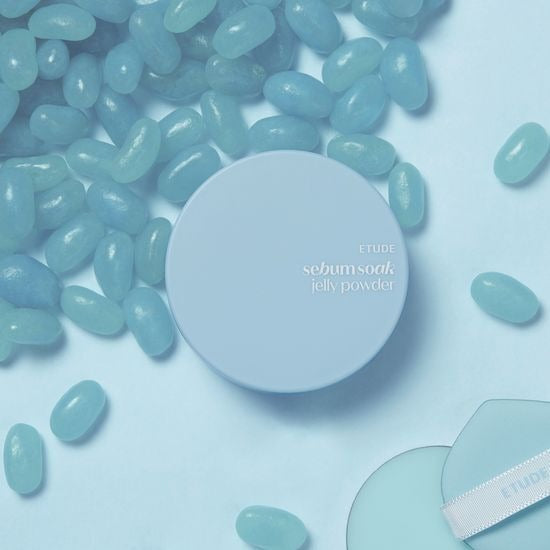 ETUDE Fiji-soo Jelly Powder 8g on a blue jelly bean background.